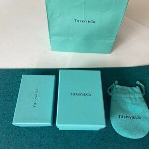 Two small Tiffany jewelry boxes 1 with white cotton inside, 1 with Tiffany pouch